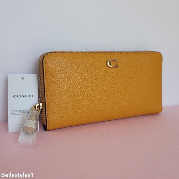 COACH Pebble Leather Zip-Around Accordion Wallet with Back-Slip Pocket-Buttercup - Picture 4 of 16